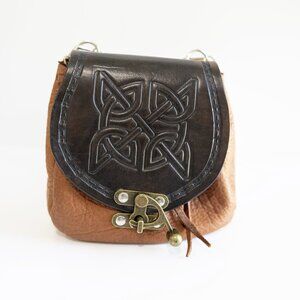 Handmade Leather Celtic Knot Embossed Crossbody Pouch Bag Adjustable Chain VTG